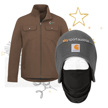 Jacket and custom Carhartt fleece hat product with festive holiday decorations.