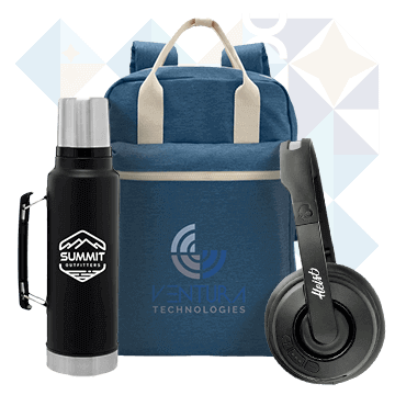 Custom Stanely thermos, next to a bag and wireless headphones with logo.