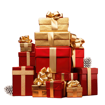 Stack of presents with red wrapping paper and gold ribbons.
