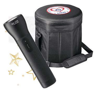 Imprinted mophie powerstation flashlight and folding cooler chair with logo on a festive holiday background.