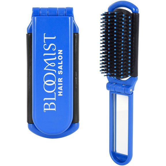 Blue - Kwik-Fix Custom Logo Folding Brush with Mirror