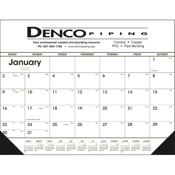 Black - Desk Pad Custom Calendar w/ Vinyl Corners - White & Black