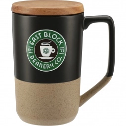 Black Ceramic Custom Coffee Mug w/ Wood Lid - 16 oz.