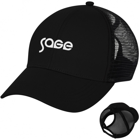 Black - Structured Ponytail Custom Baseball Cap w/ Mesh Back