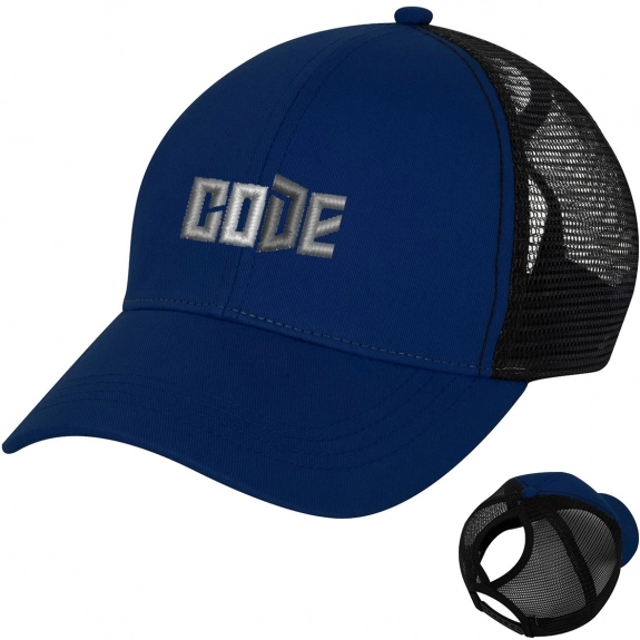 Royal Blue - Structured Ponytail Custom Baseball Cap w/ Mesh Back