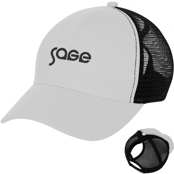 White - Structured Ponytail Custom Baseball Cap w/ Mesh Back