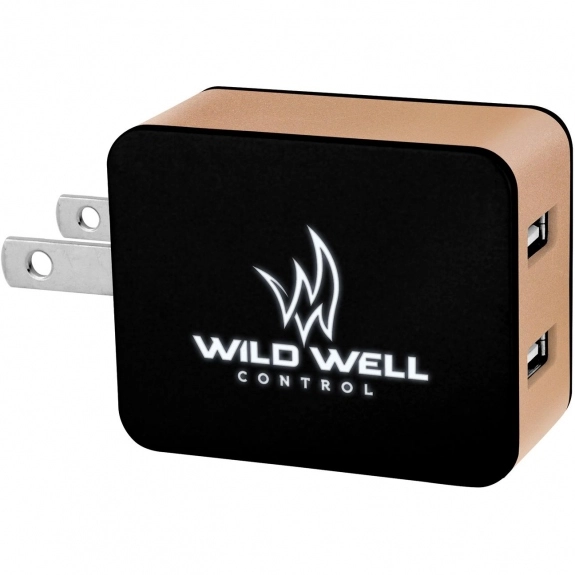 Gold - UL Listed 2-Port Light Up Folding Custom Wall Charger