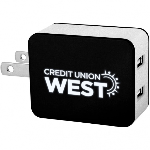 Silver - UL Listed 2-Port Light Up Folding Custom Wall Charger