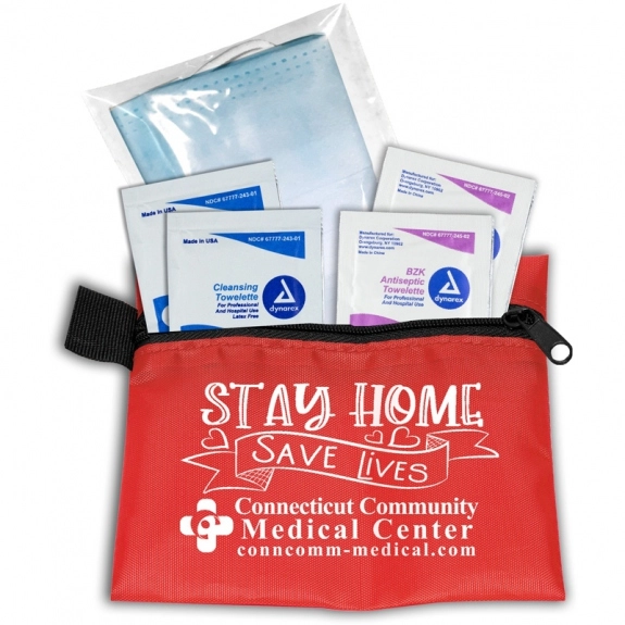 Red 5-Piece Antiseptic Promotional First Aid Kit w/ 3-Ply Mask