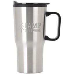 Silver Laser Engraved Plastic Lined Promotional Tapered Travel Mug w/ Handl