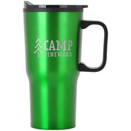 Green Laser Engraved Plastic Lined Promotional Tapered Travel Mug w/ Handle
