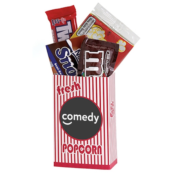 White Striped Branded Movie Snack Box w/ Popcorn & Candy