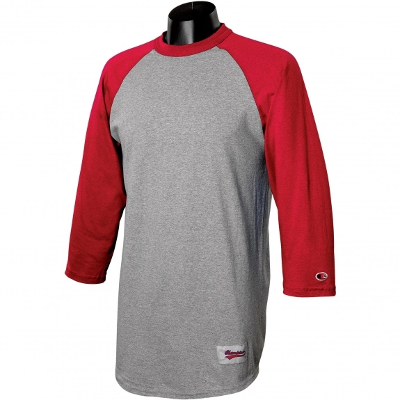 Oxford Grey/Scarlet Tagless Raglan Baseball Custom T-Shirt by Champion
