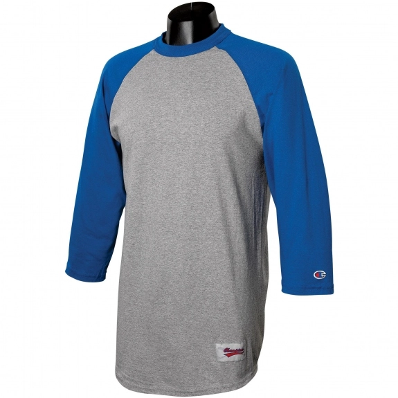 Oxford Grey/Team Blue Tagless Raglan Baseball Custom T-Shirt by Champion