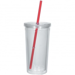 Clear/Red - Double Wall Hot/Cold Custom Tumbler w/ Straw - 24 oz.