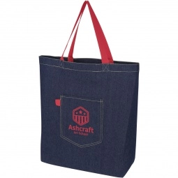 Red Denim Custom Tote Bag w/ Colored Handles - 19"w x 17"h x 5.5"d