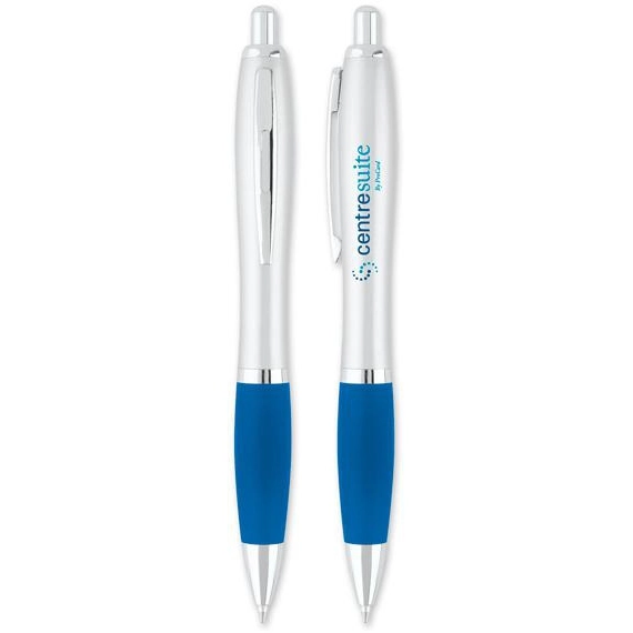 Blue Silver Rubber Grip Ballpoint Promotional Pen