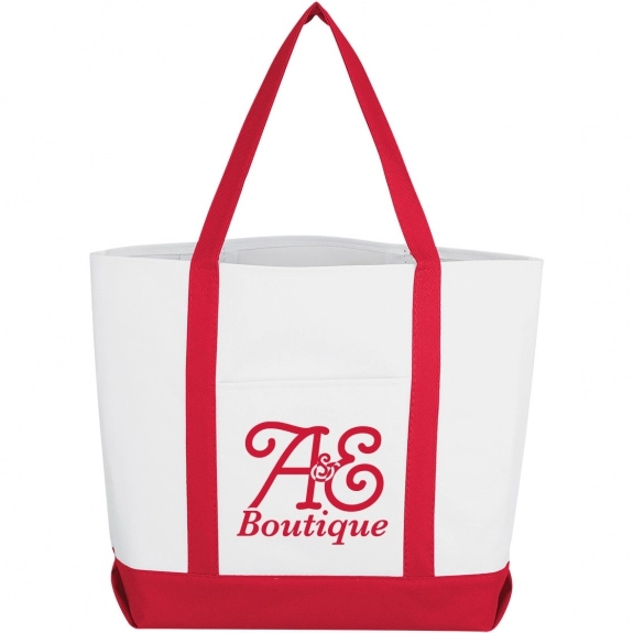 White / Red - Reusable Promotional Boat Tote Bag w/ Front Pocket