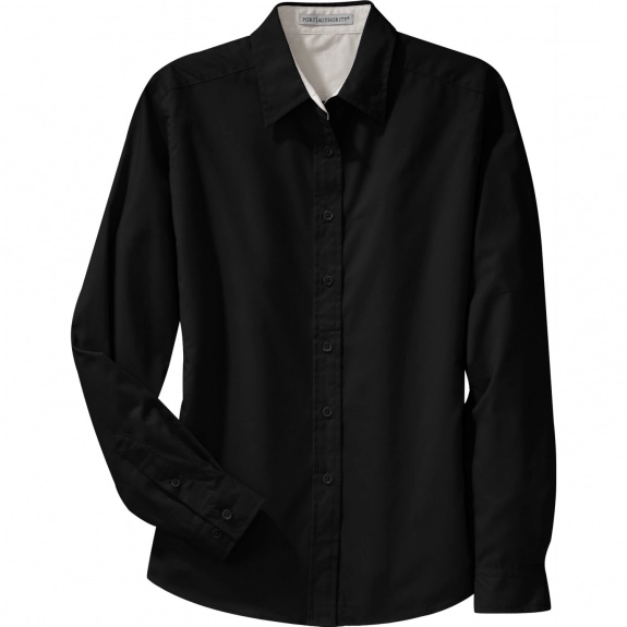 Black/Light Stone Port Authority Long Sleeve Easy Care Custom Shirt 