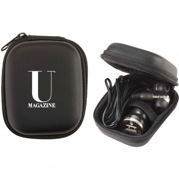 Black Custom Cell Phone Chargers w/ Earbuds Travel Kit