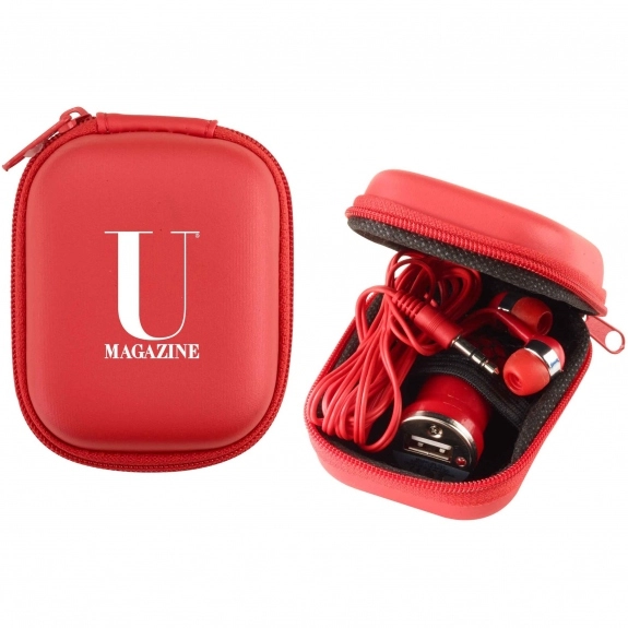 Red Custom Cell Phone Chargers w/ Earbuds Travel Kit