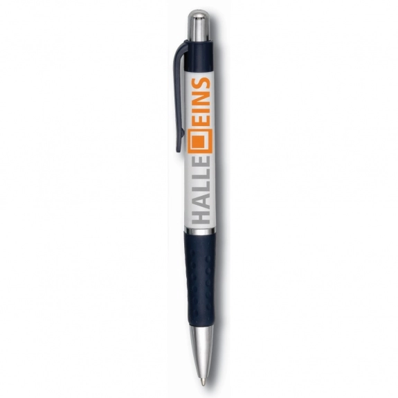 White / Blue Full Color Two-Tone Retractable Promotional Pen w/ Rubber Grip