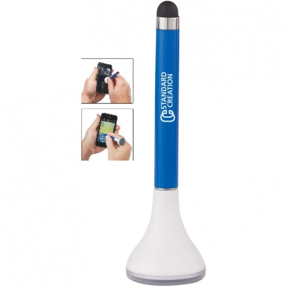White/Blue Stylus Custom Pen Stand w/ Promotional Screen Cleaner