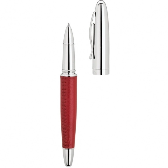 Red Bettoni Nickel Finished Rollerball Imprinted Pen w/ Leather Barrel