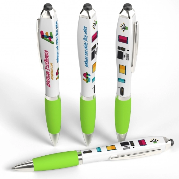 White / Green Full Color Squared Promotional Stylus Pen