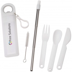 White 3-in-1 Reusable Custom Straw & Cutlery Set