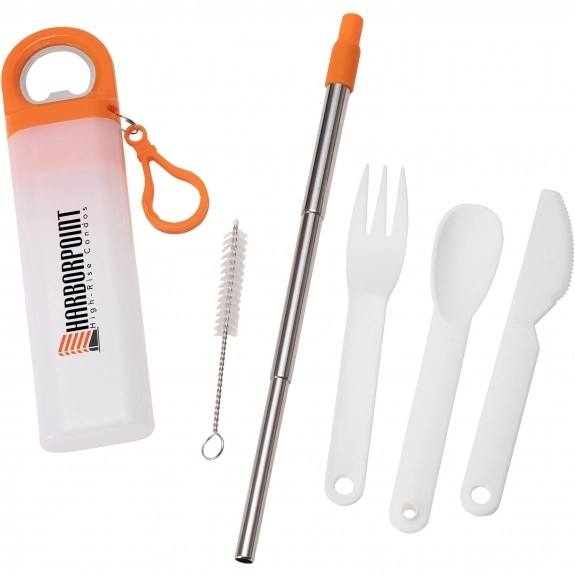 Orange 3-in-1 Reusable Custom Straw & Cutlery Set