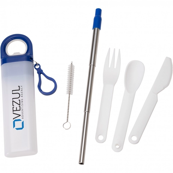 Blue 3-in-1 Reusable Custom Straw & Cutlery Set