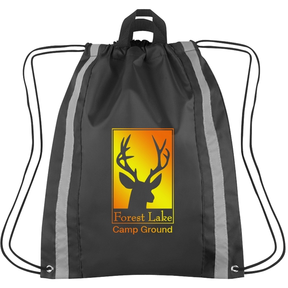 Black - Full Color Reflective Custom Drawstring Sports Backpack - 16"w x 20