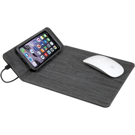 In Use - Woodtone Qi Wireless Charging Custom Mouse Pad with Phone Stand