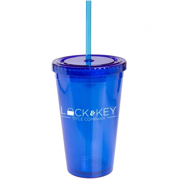 Translucent Blue Double Wall Promotional Tumbler w/ Straw