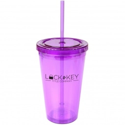 Translucent Purple Double Wall Promotional Tumbler w/ Straw