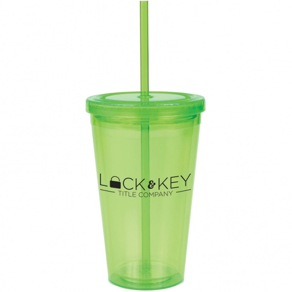 Translucent Lime Green Double Wall Promotional Tumbler w/ Straw