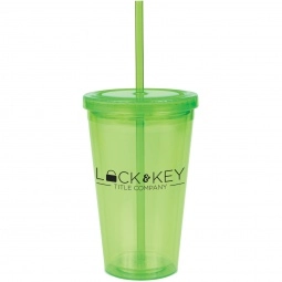 Translucent Lime Green Double Wall Promotional Tumbler w/ Straw