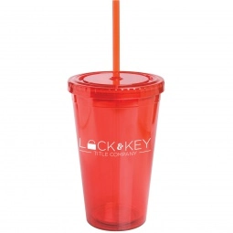Translucent Red Double Wall Promotional Tumbler w/ Straw