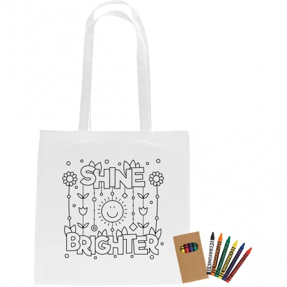 White Cotton Custom Coloring Tote Bag w/ Crayons - 15"w x 15"h