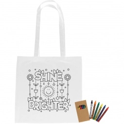 White Cotton Custom Coloring Tote Bag w/ Crayons - 15"w x 15"h