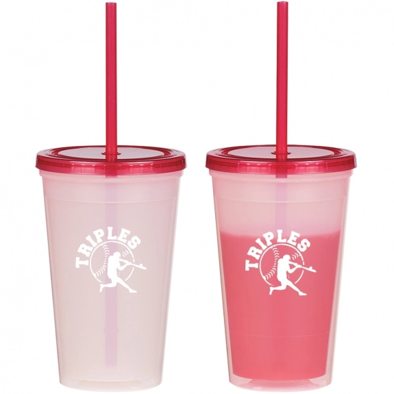 Translucent Red Color Changing Double Wall Custom Tumblers w/Straw