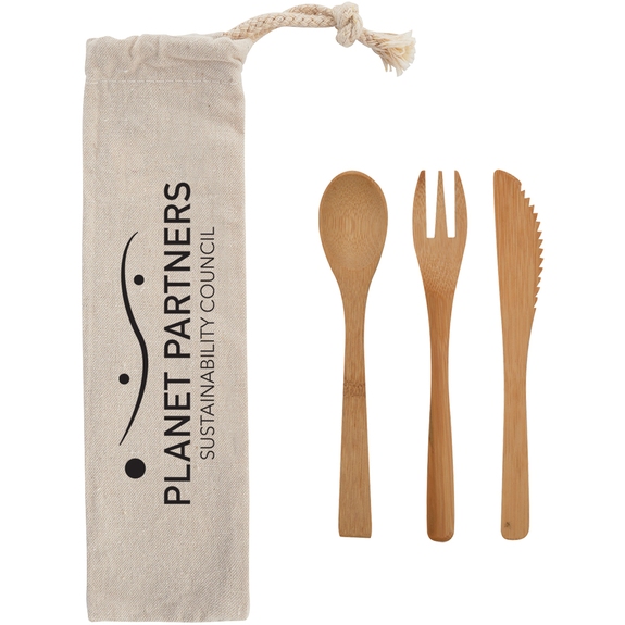 Natural - 3 Piece Bamboo Custom Utensil Set w/ Travel Pouch