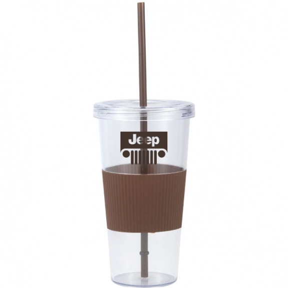 Brown Promotional Tumbler w/ Silicone Grip & Matching Straw - 24 oz.