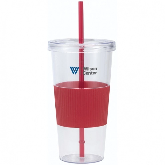 Red Promotional Tumbler w/ Silicone Grip & Matching Straw - 24 oz.