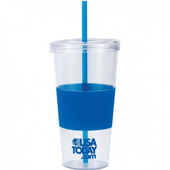 Blue Promotional Tumbler w/ Silicone Grip & Matching Straw - 24 oz.