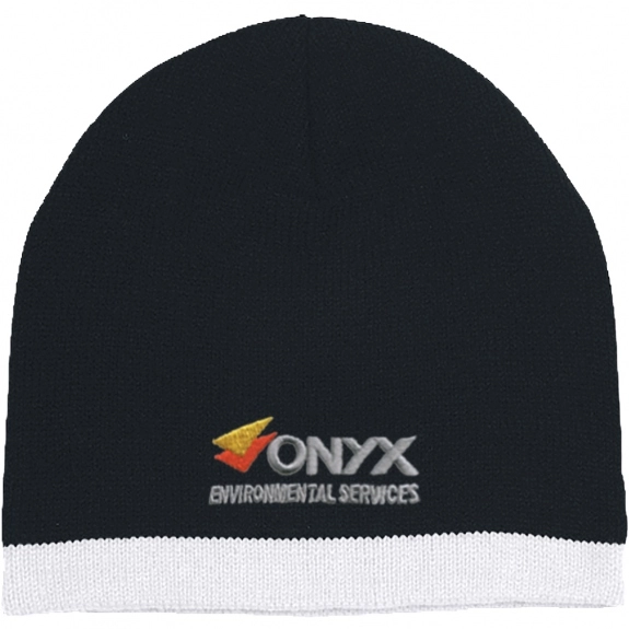 Black/White - Embroidered Promotional Knit Beanie w/ Stripe