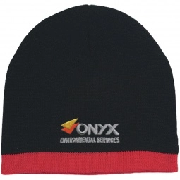 Black/Red - Embroidered Promotional Knit Beanie w/ Strip
