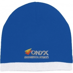 Royal Blue/White - Embroidered Promotional Knit Beanie w/ Stripe