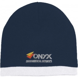 Navy/White - Embroidered Promotional Knit Beanie w/ Stri